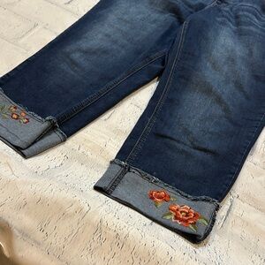 Embroidered Cuffed Denim Jeans
